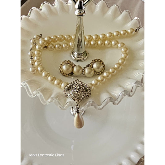 Marvella Pearl Drop Rhinestone Pendant Necklace & Earring Set 16"
