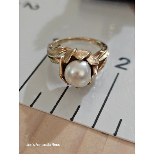 14K Gold Lotus Flower Pearl Ring 5.75 Vintage Rare HTF
